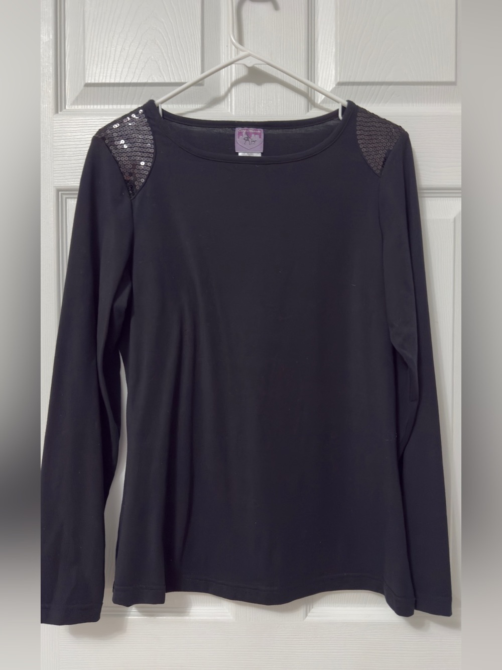 Women's Black Long-Sleeve Top with Sequin Shoulder Accents